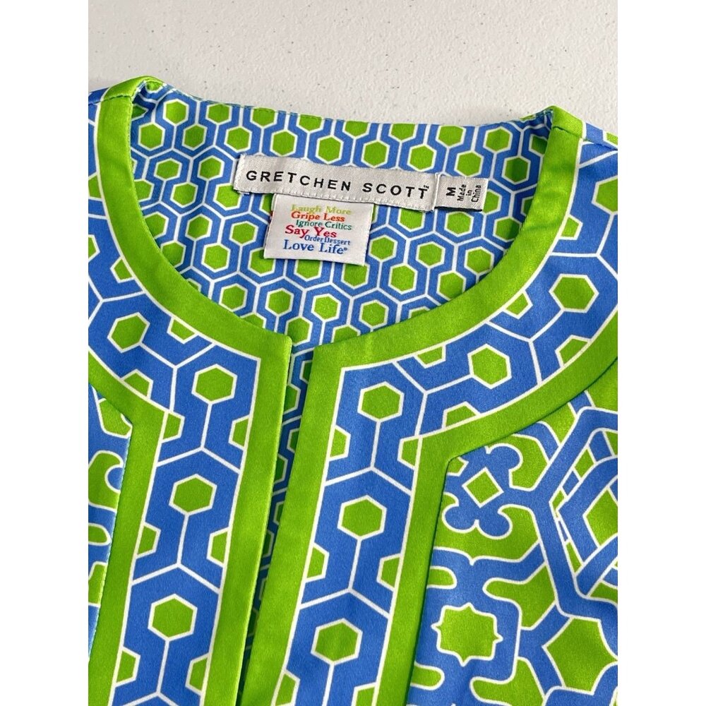 GRETCHEN SCOTT Women's Green Blue Geometric 3/4 Sleeve Jersey Stretch Blouse Med - Picture 2 of 4